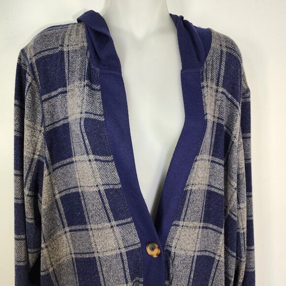 Maurices Hooded Cardigan Sweater Size XL Blue Gray Plaid Stretch V Neck Buttons - Picture 3 of 11